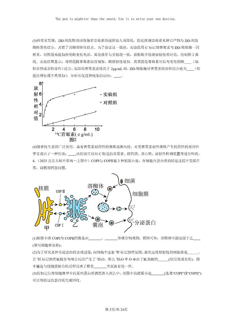 [生物]2023北京重点校高一上学期期中生物真题分类汇编：细胞器之间的分工合作(非选择题)第3页