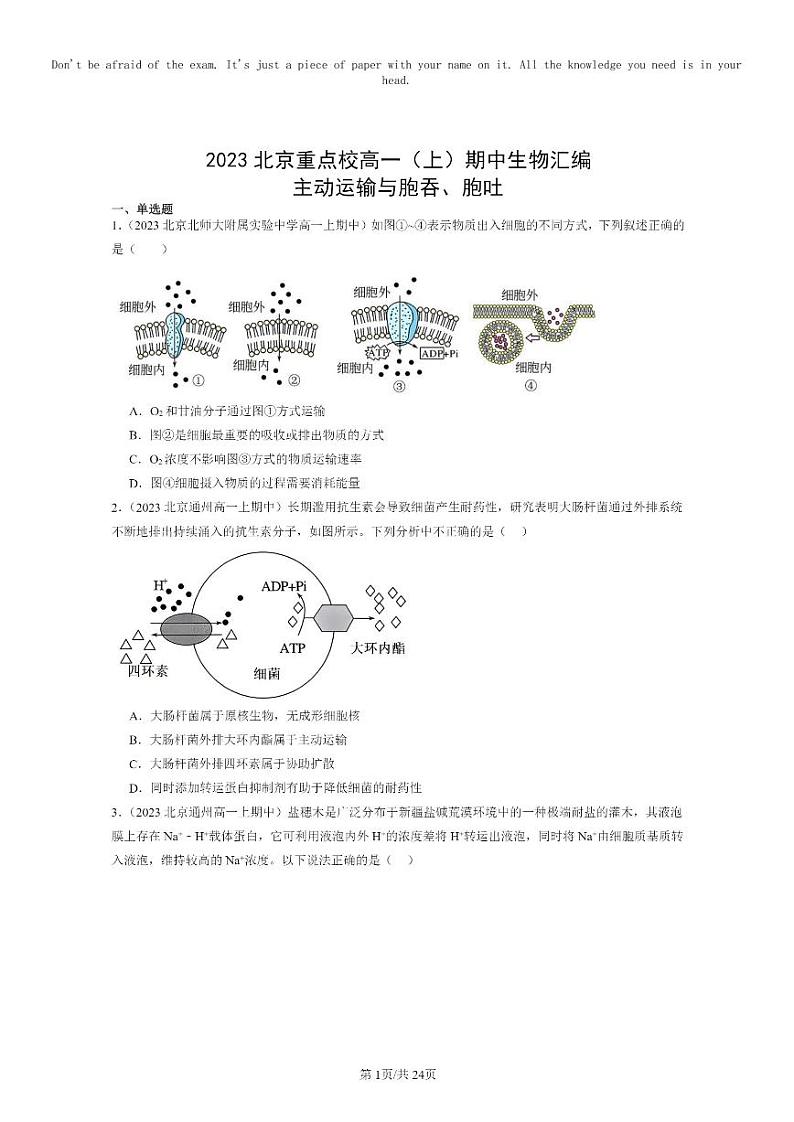 [生物]2023北京重点校高一上学期期中生物真题分类汇编：主动运输与胞吞、胞吐第1页
