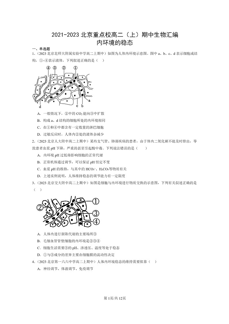 [生物]2021～2023北京重点校高二上学期期中生物真题分类汇编：内环境的稳态01