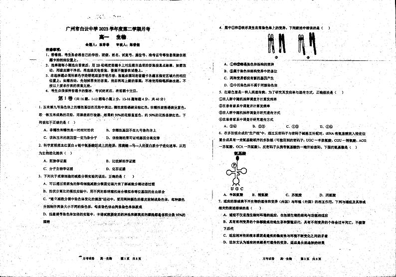 广东省广州市白云中学2023-2024学年高一下学期6月月考生物试题第1页