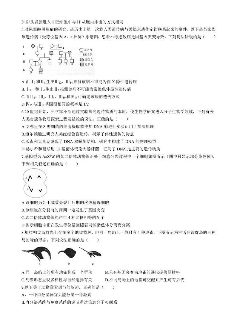 生物-河北省琢名小渔2025届“五个一”名校联盟高三年级第一次联考试题和答案02