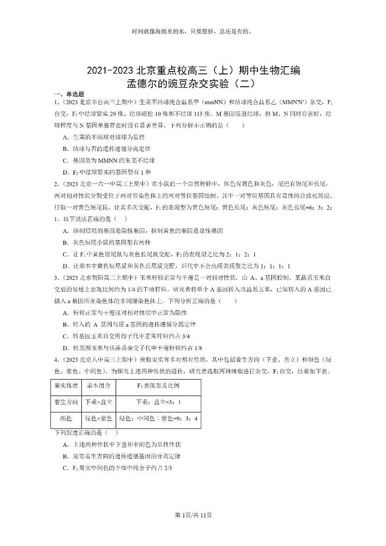 [生物]2021～2023北京重点校高三上学期期中生物真题分类汇编：孟德尔的豌豆杂交实验(二)第1页