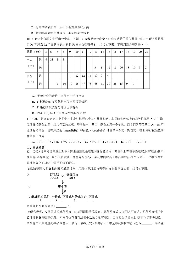 [生物]2021～2023北京重点校高三上学期期中生物真题分类汇编：孟德尔的豌豆杂交实验(二)第3页
