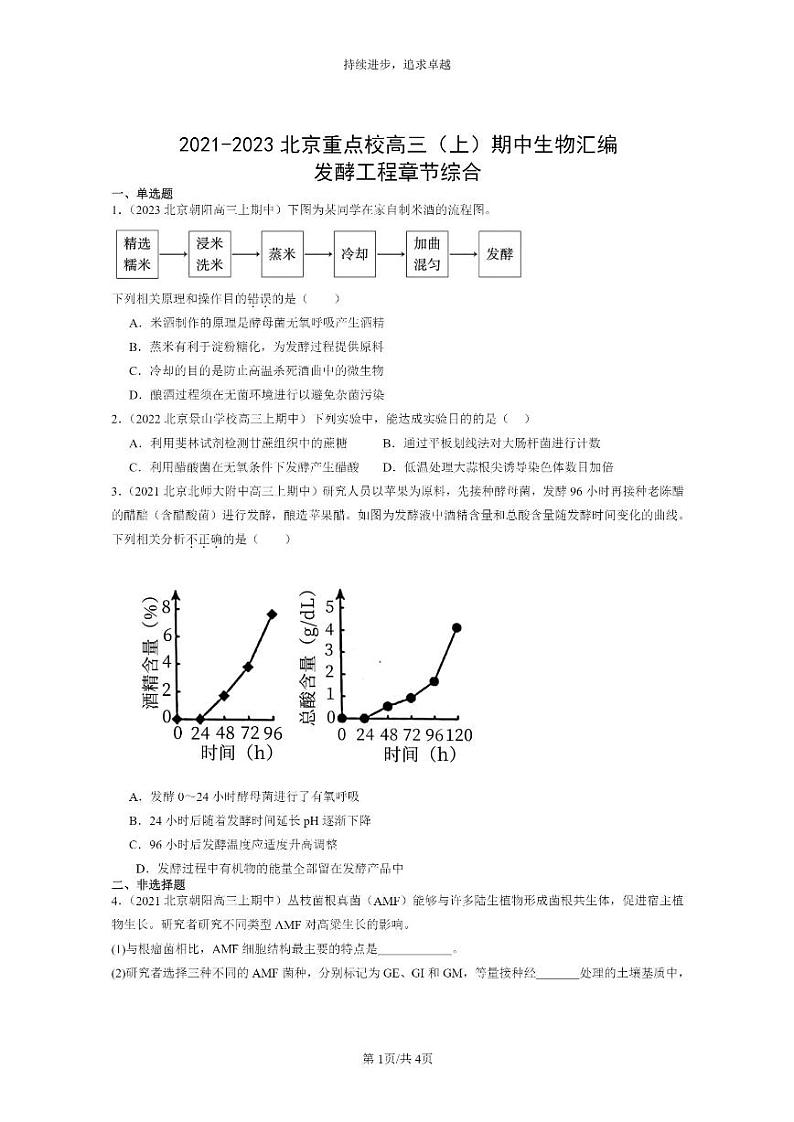 [生物]2021～2023北京重点校高三上学期期中生物真题分类汇编：发酵工程章节综合第1页