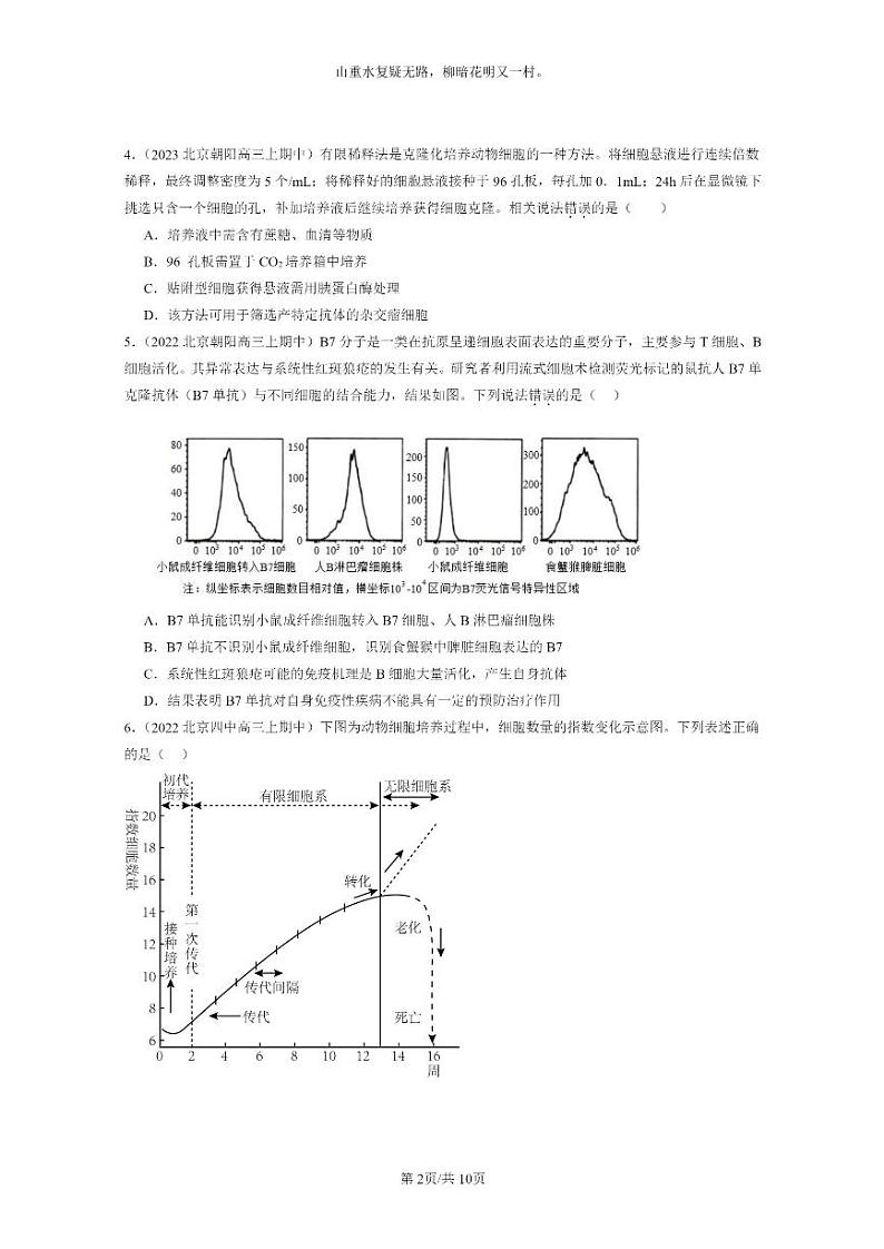[生物]2021～2023北京重点校高三上学期期中生物真题分类汇编：动物细胞工程02
