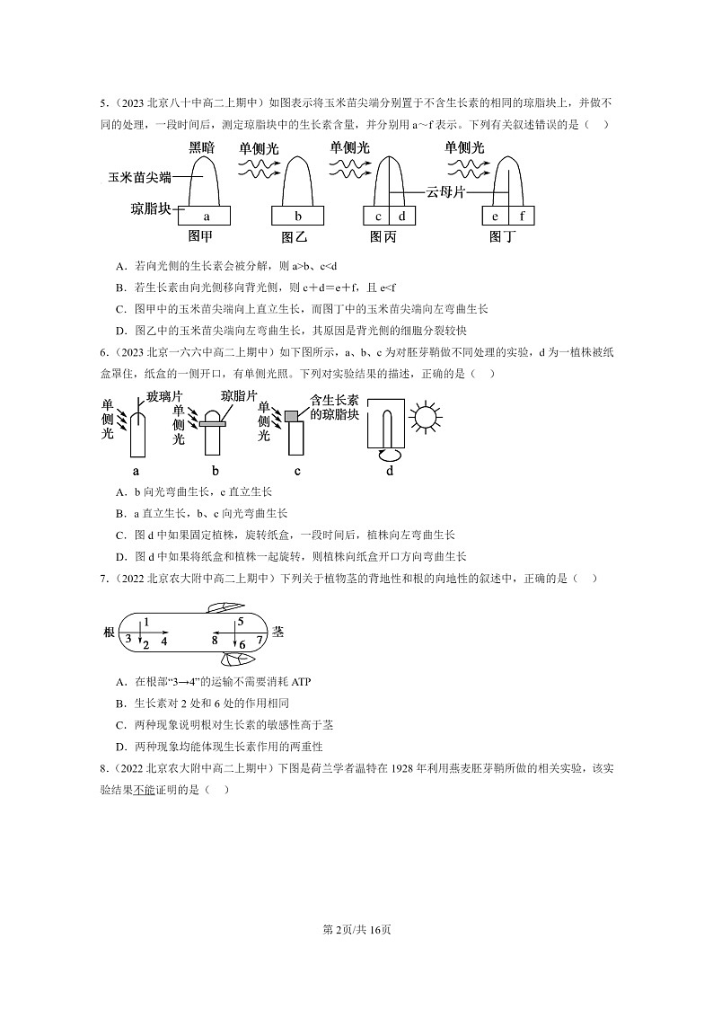 [生物]2021～2023北京重点校高二上学期期中生物真题分类汇编：植物生长素第2页