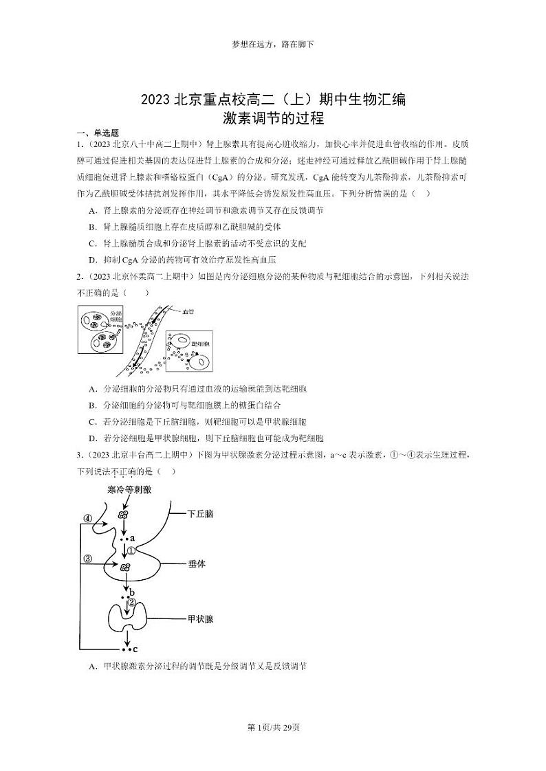 [生物]2023北京重点校高二上学期期中生物真题分类汇编：激素调节的过程第1页