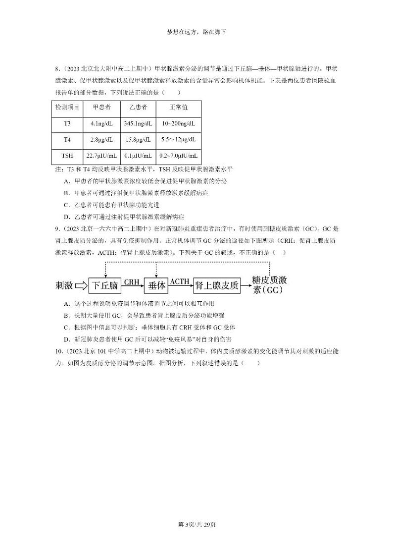 [生物]2023北京重点校高二上学期期中生物真题分类汇编：激素调节的过程第3页