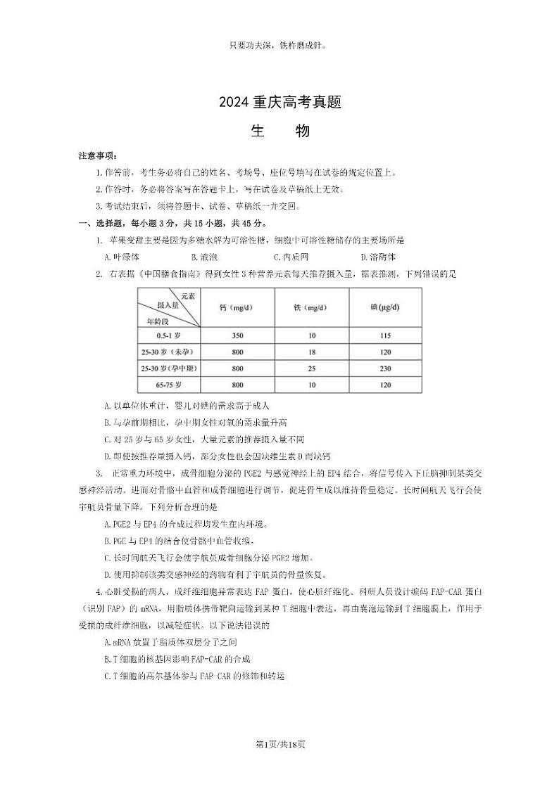 [生物]2024重庆高考真题生物试卷及答案01