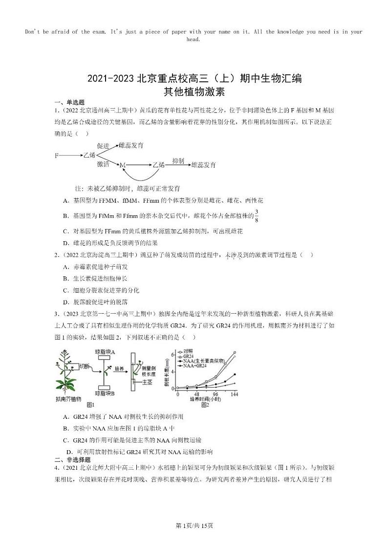 [生物]2021～2023北京重点校高三上学期期中生物真题分类汇编：其他植物激素第1页