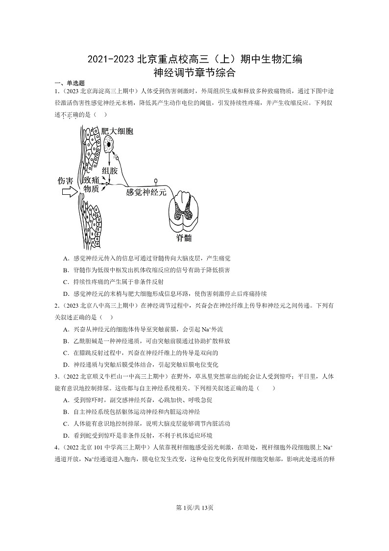 [生物]2021～2023北京重点校高三上学期期中生物真题分类汇编：神经调节章节综合第1页