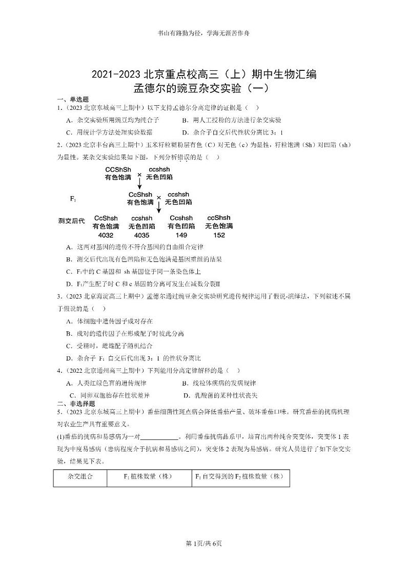 [生物]2021～2023北京重点校高三上学期期中生物真题分类汇编：孟德尔的豌豆杂交实验(一)第1页