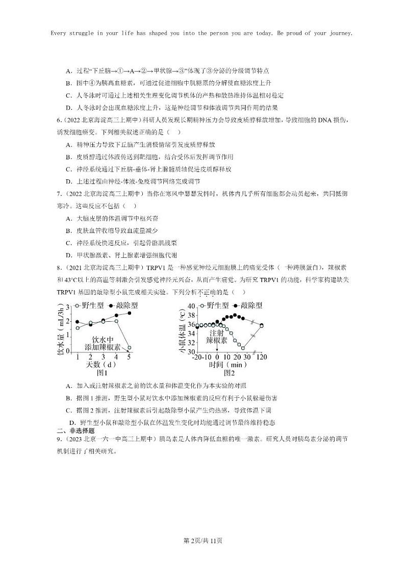 [生物]2021～2023北京重点校高三上学期期中生物真题分类汇编：体液调节与神经调节的关系02
