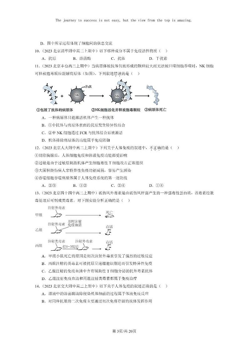 [生物]2023北京重点校高二上学期期中生物真题分类汇编：免疫调节章节综合(选择题)2第3页