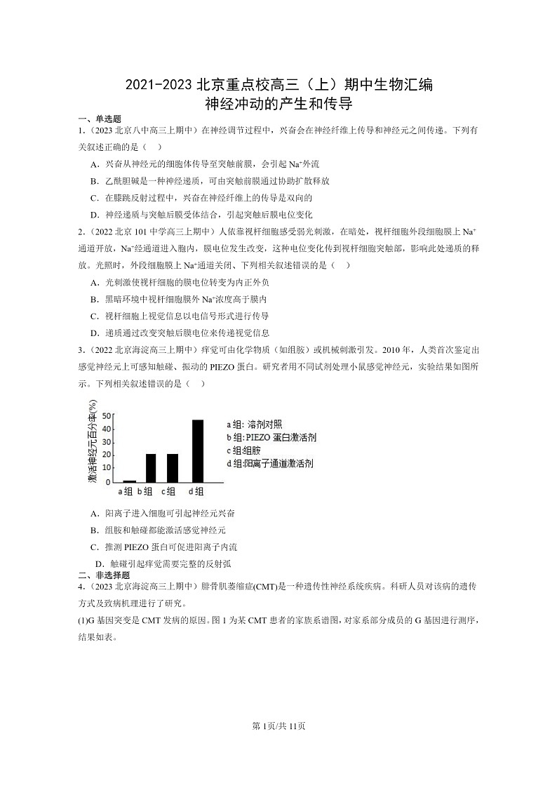 [生物]2021～2023北京重点校高三上学期期中生物真题分类汇编：神经冲动的产生和传导01