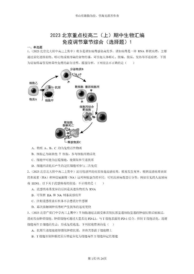 [生物]2023北京重点校高二上学期期中生物真题分类汇编：免疫调节章节综合(选择题)1第1页