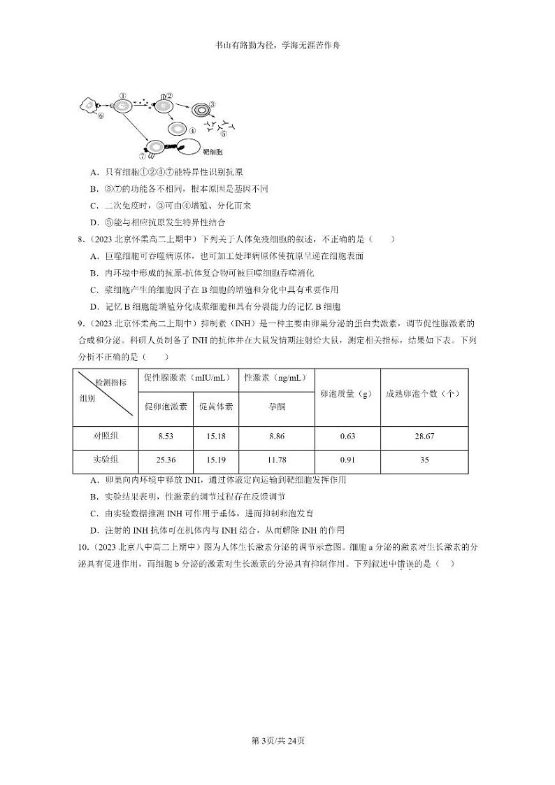 [生物]2023北京重点校高二上学期期中生物真题分类汇编：免疫调节章节综合(选择题)1第3页