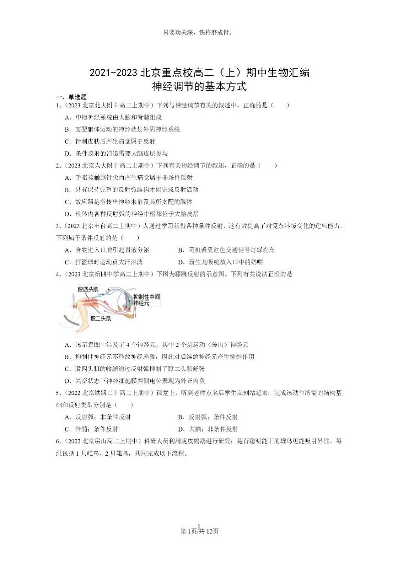 [生物]2021～2023北京重点校高二上学期期中生物真题分类汇编：神经调节的基本方式01