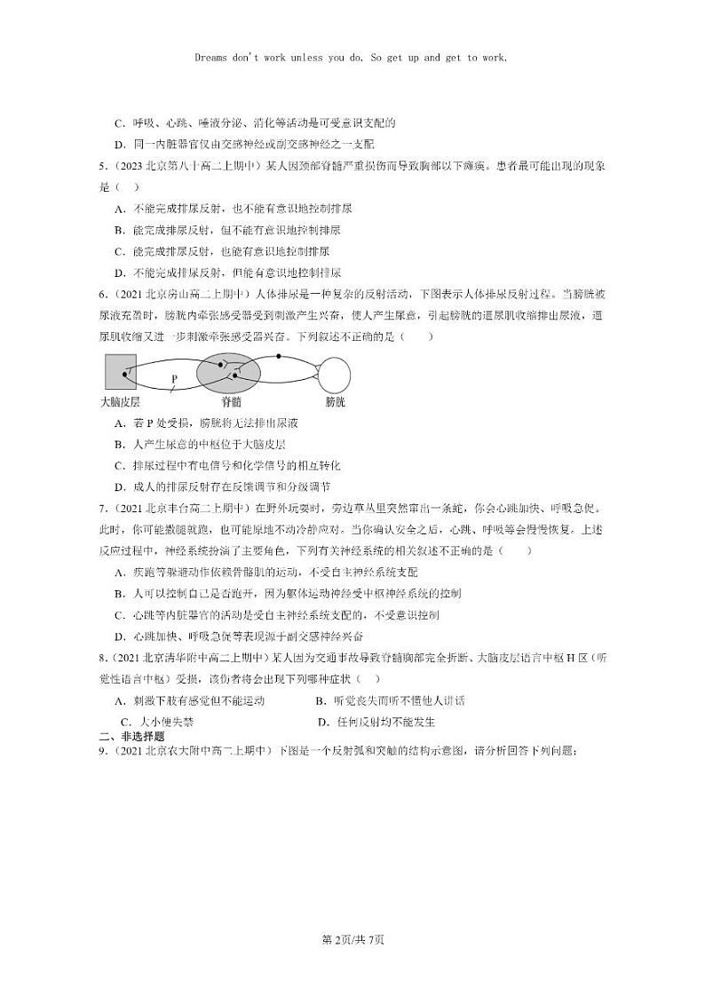 [生物]2021～2023北京重点校高二上学期期中生物真题分类汇编：神经调节的分级调节02