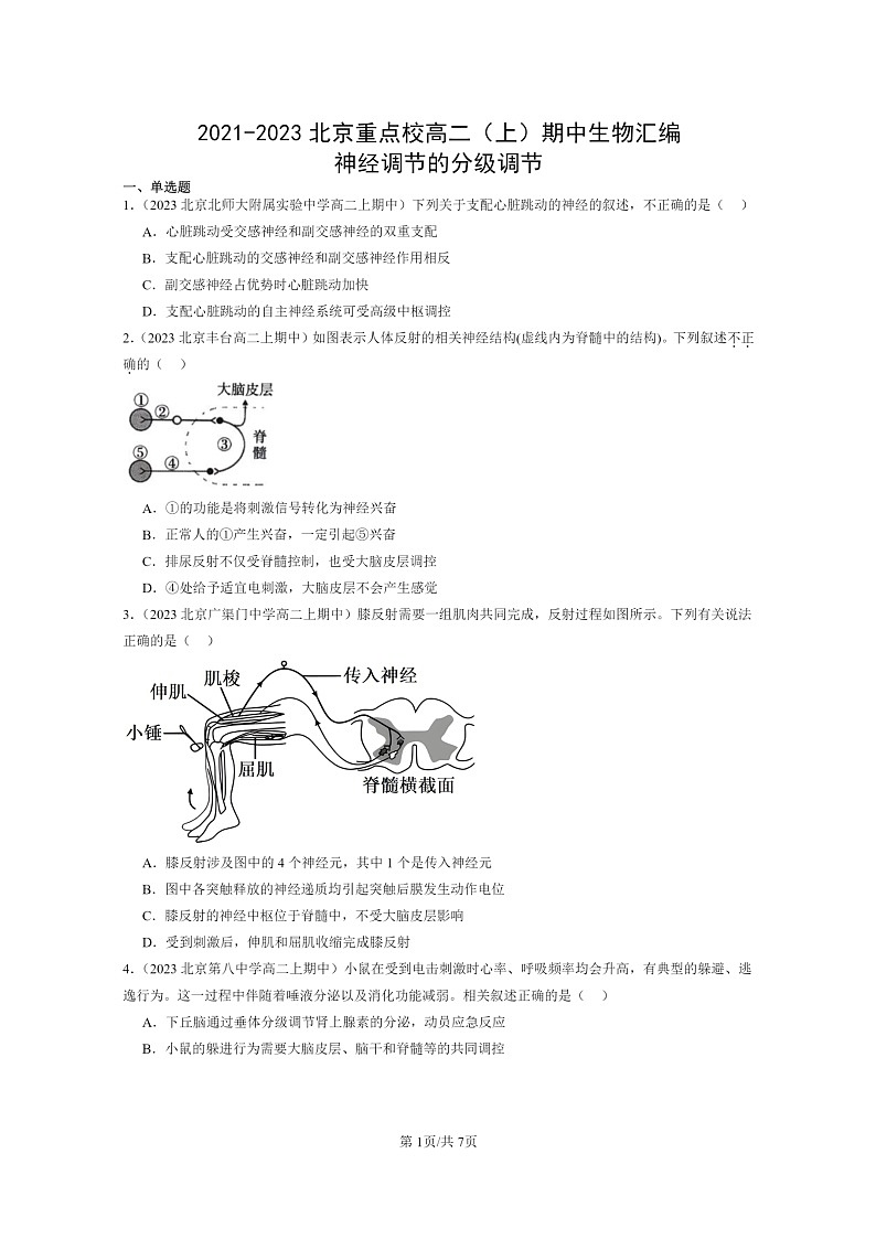 [生物]2021～2023北京重点校高二上学期期中生物真题分类汇编：神经调节的分级调节01