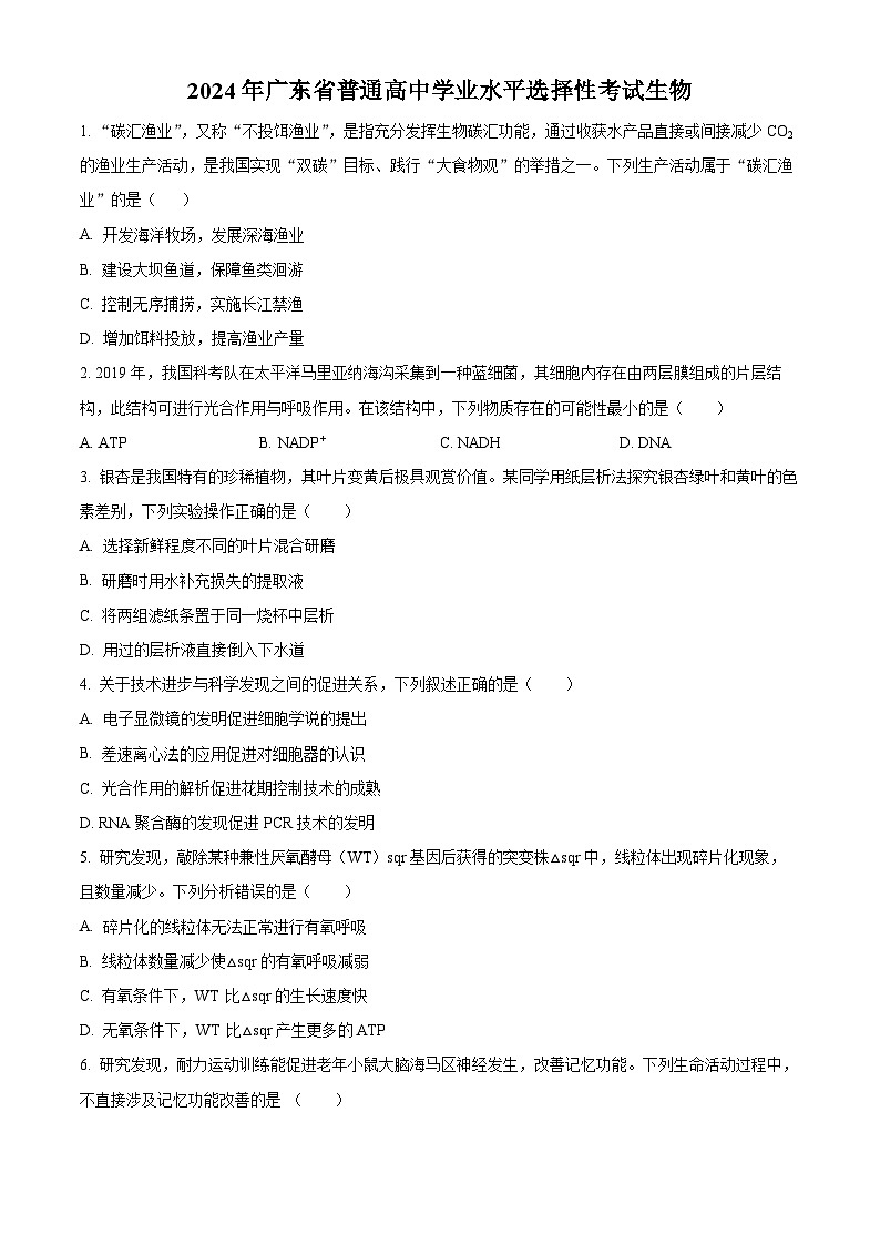 2024年新高考广东卷生物高考真题解析（原卷+解析）01