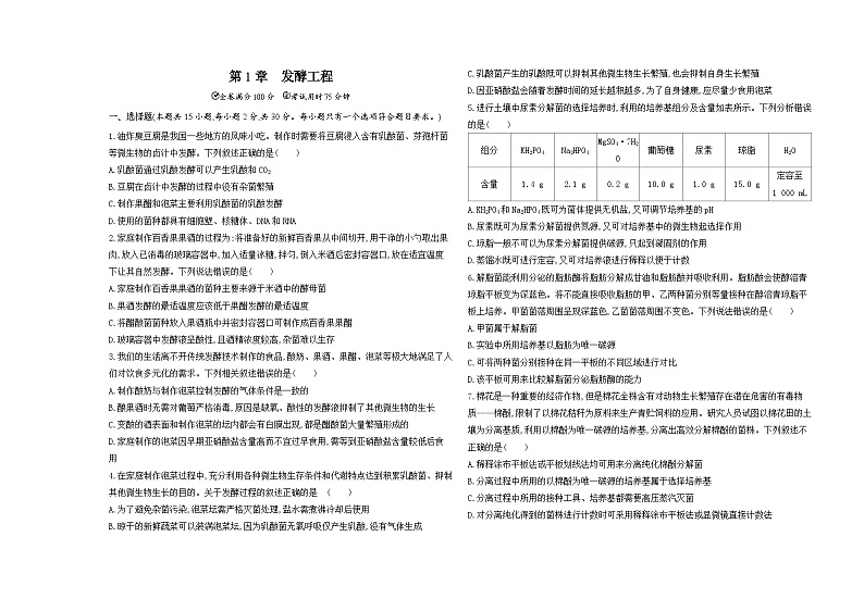 高中生物人教版 (2019)选择性必修3第1章发酵工程测试卷（Word版附解析）01