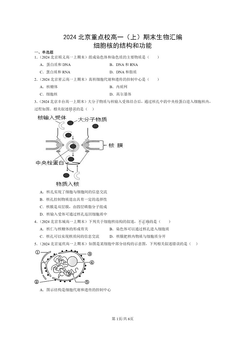 [生物]2024北京重点校高一上学期期末生物真题分类汇编：细胞核的结构和功能01