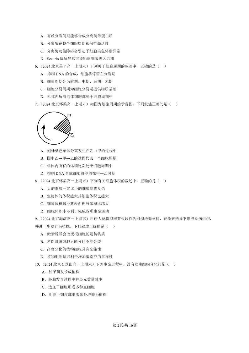 [生物]2024北京高一上学期期末生物真题分类汇编：细胞的生命历程章节综合(单选题)102