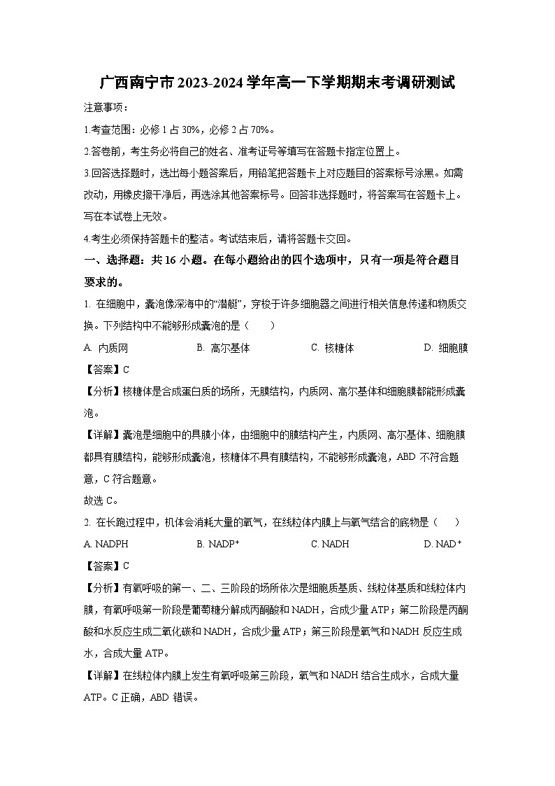 [生物][期末]广西南宁市2023-2024学年高一下学期期末考调研测试(解析版)01