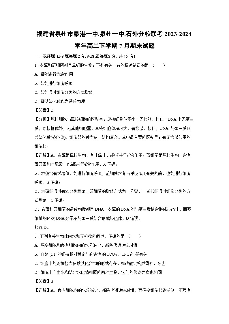 [生物][期末]福建省泉州市泉港一中.泉州一中.石外分校联考2023-2024学年高二下学期7月期末试题(解析版)01
