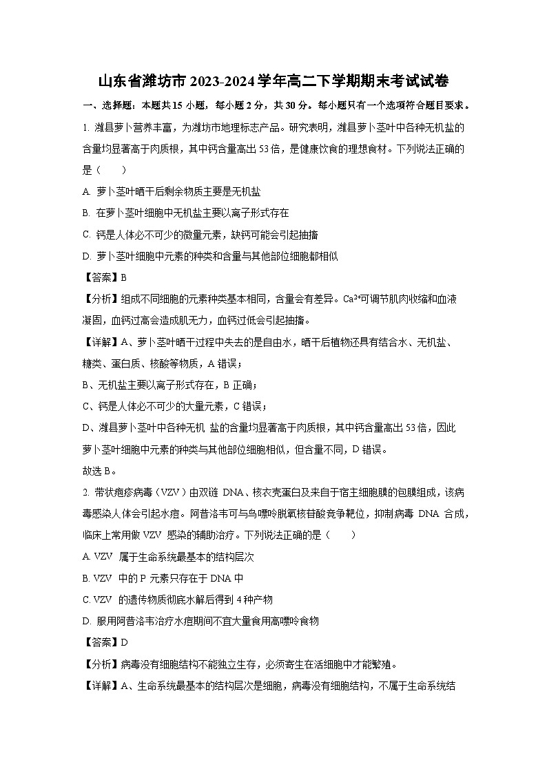 [生物][期末]山东省潍坊市2023-2024学年高二下学期期末考试试卷(解析版)01