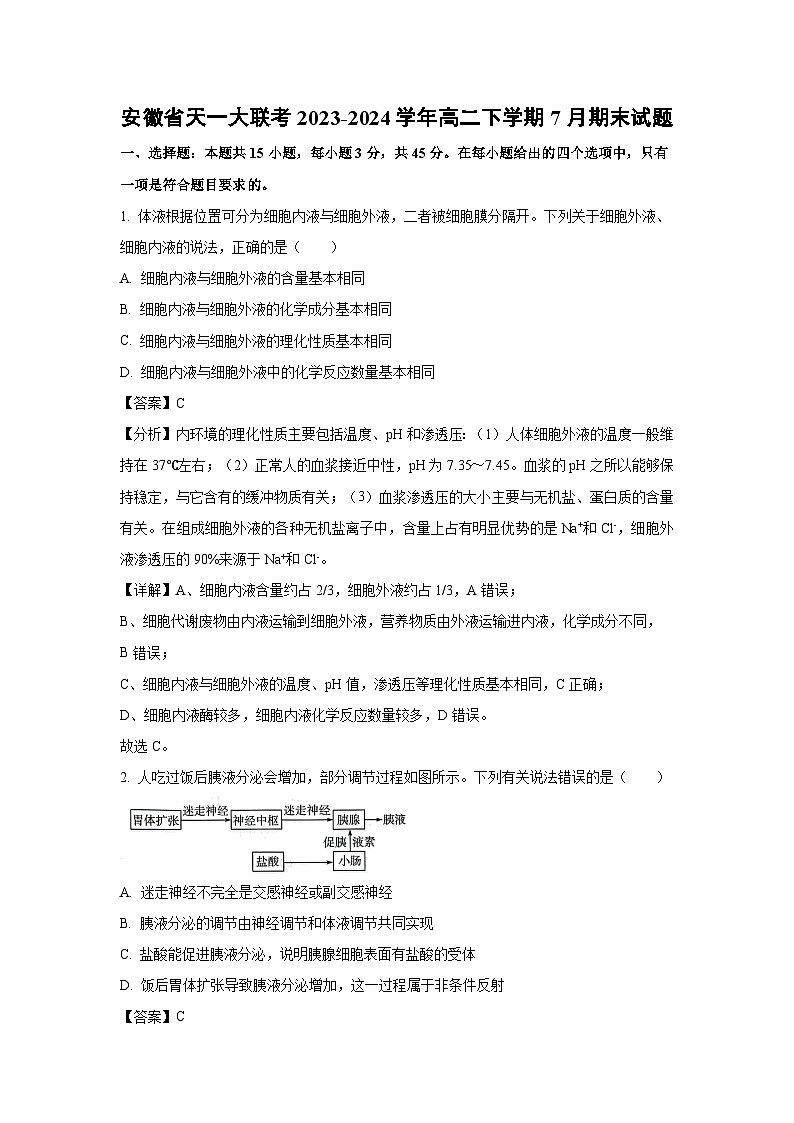 [生物][期末]安徽省天一大联考2023-2024学年高二下学期7月期末试题(解析版)第1页