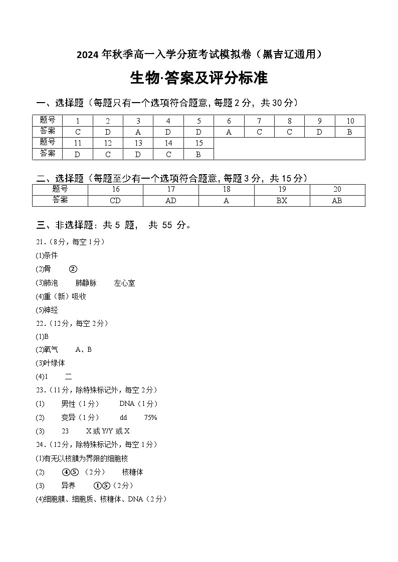 【开学考】2024年秋季高一上入学分班考试模拟卷生物（黑吉辽通用）01