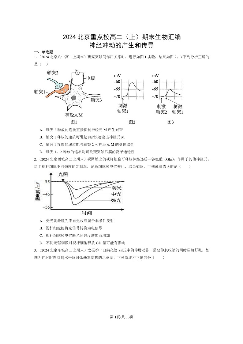 [生物]2024北京重点校高二上学期期末生物真题分类汇编：神经冲动的产生和传导01
