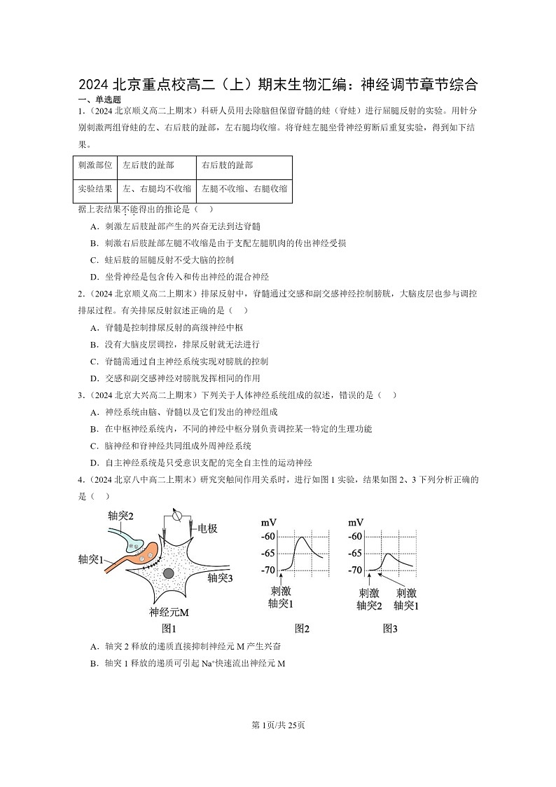 [生物]2024北京重点校高二上学期期末生物真题分类汇编：神经调节章节综合01