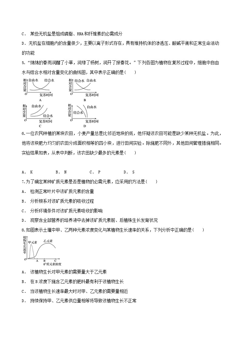 高中生物人教版 (2019) 必修一2.2 细胞中的无机物 同步练习（1）（原卷版）02