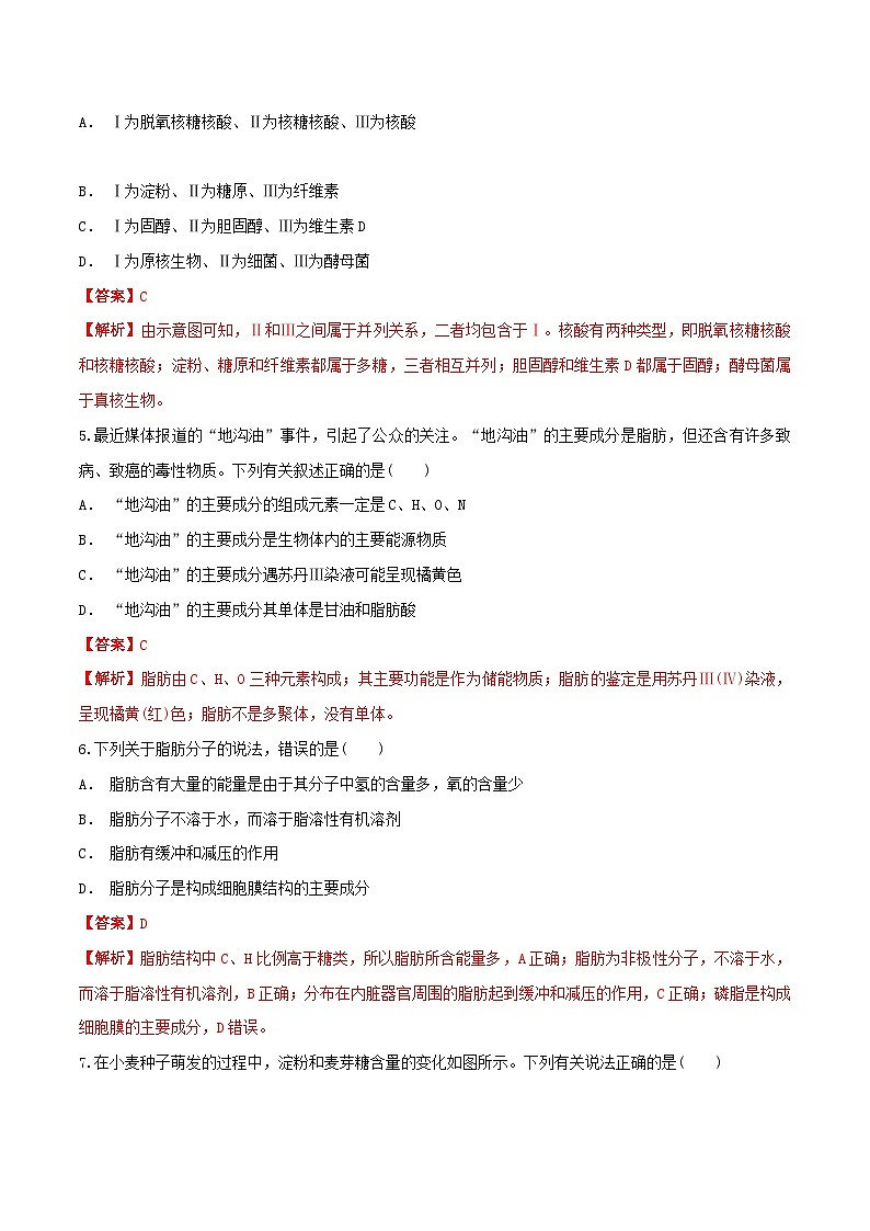 高中生物人教版 (2019) 必修一2.3 细胞中的糖类和脂质 同步练习（1）（解析版）02