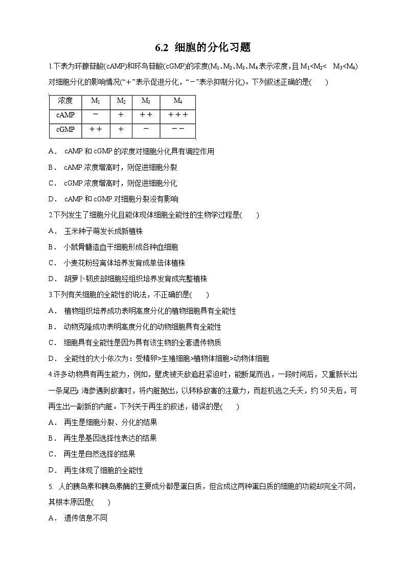 高中生物人教版 (2019) 必修一6.2 细胞的分化 练习（1）（原卷版）01