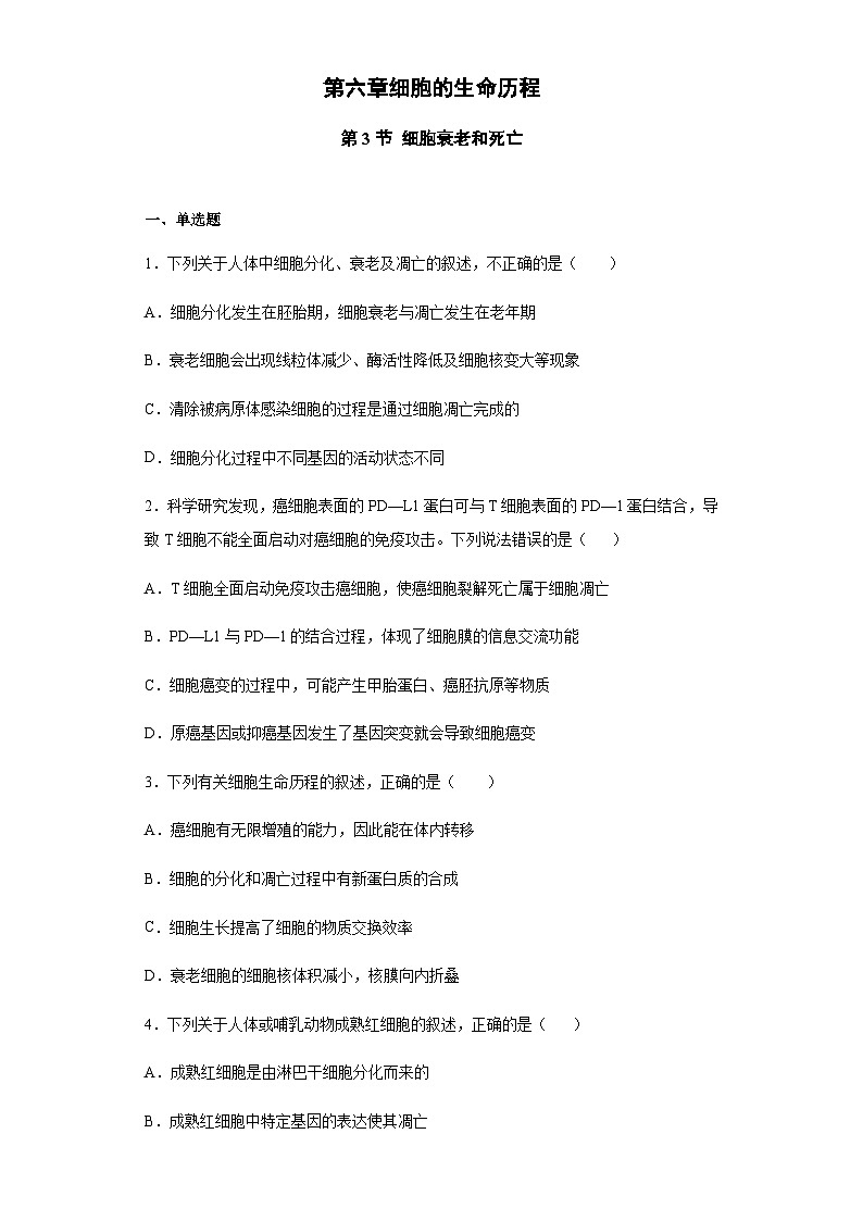6.3 细胞的衰老和死亡 练习【新教材】人教版（2019）高中生物必修一01