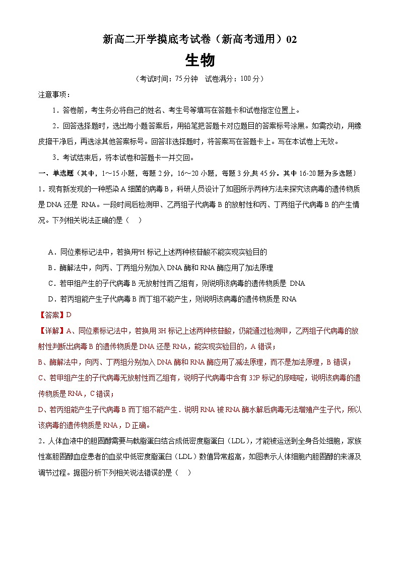 【开学考】2024秋高二上册开学摸底考试卷生物（新高考通用）0201