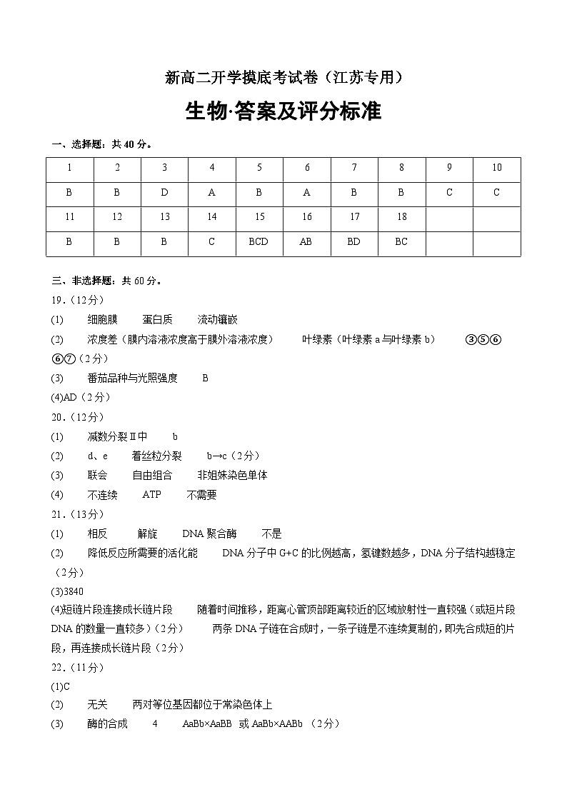 高二生物（江苏专用）（答案及评分标准）第1页