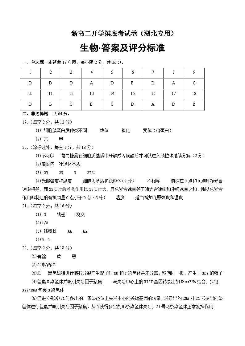 生物（湖北专用）（答案及评分标准）第1页