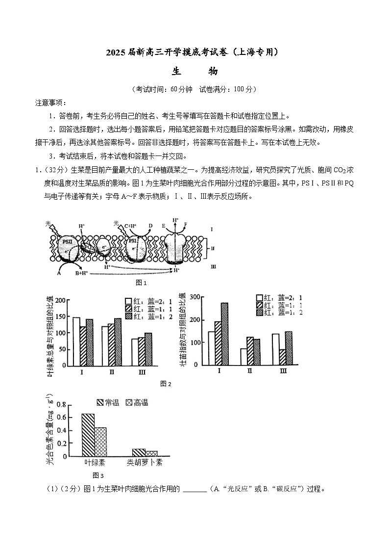 【开学考】新高三上册开学摸底考试卷生物+（上海专用）01