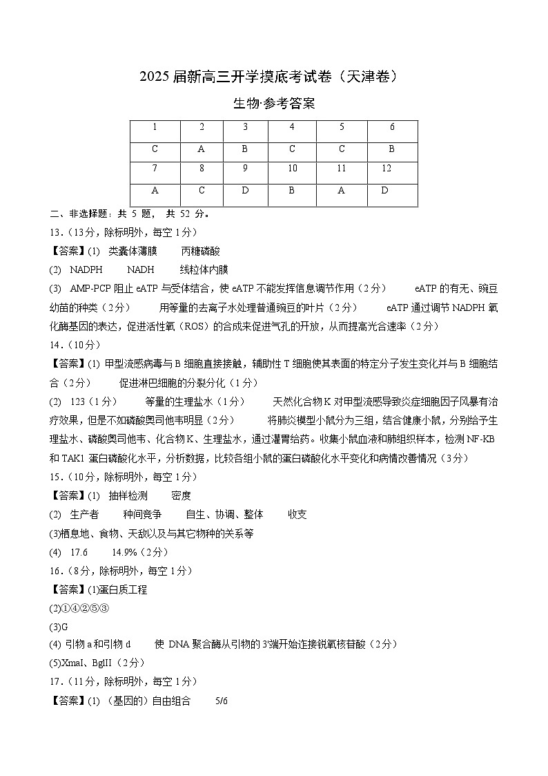 【开学考】新高三上册开学摸底考试卷生物+（天津专用）01