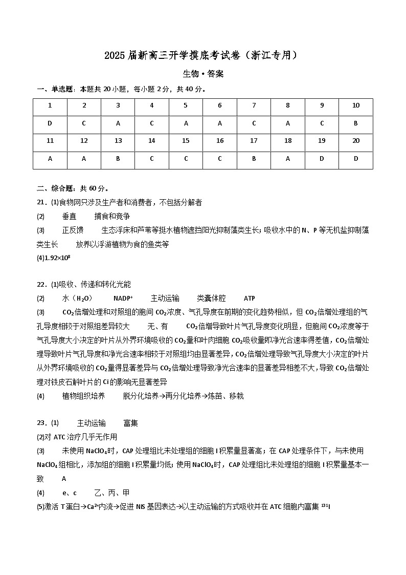 【开学考】新高三上册开学摸底考试卷生物+（浙江专用）01