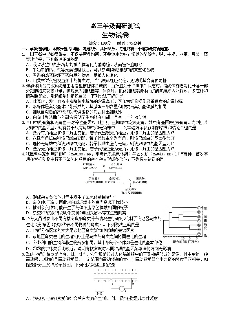 江苏省宿迁市2024届高三下学期三模生物试卷（Word版附答案）01
