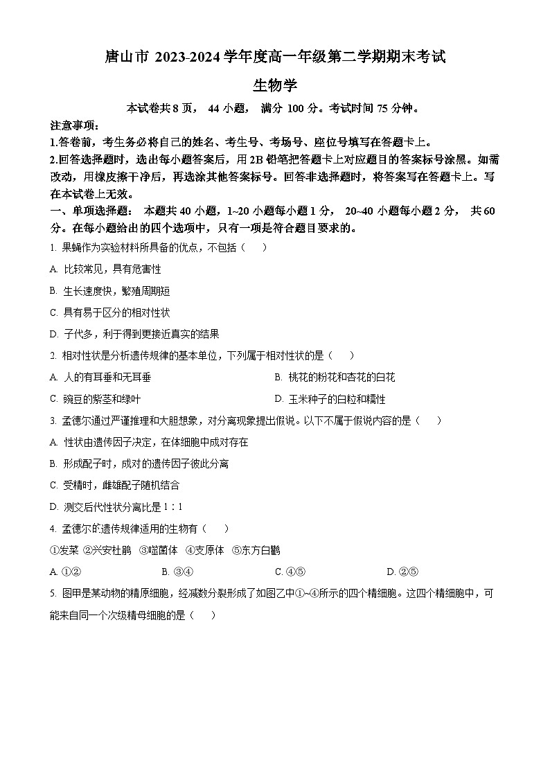 河北省唐山市2023-2024学年高一下学期7月期末考试生物试卷（Word版附解析）01