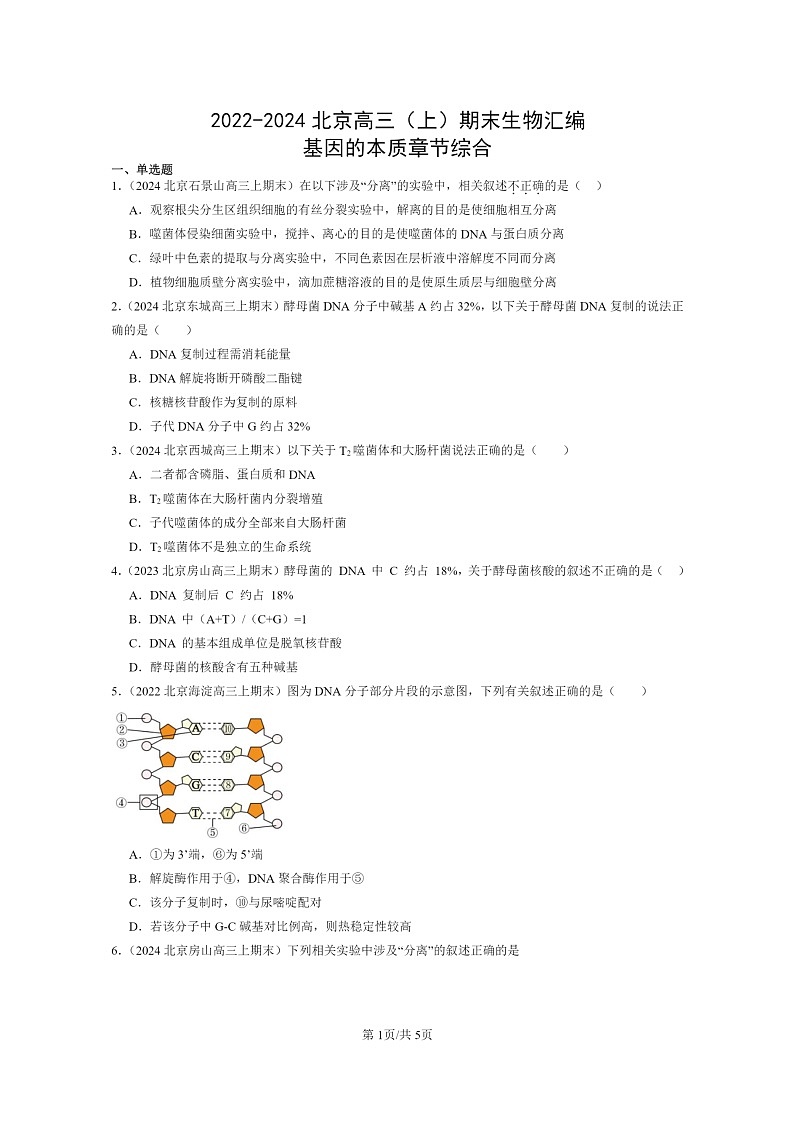 [生物]2022～2024北京高三上学期期末生物真题分类汇编：基因的本质章节综合第1页