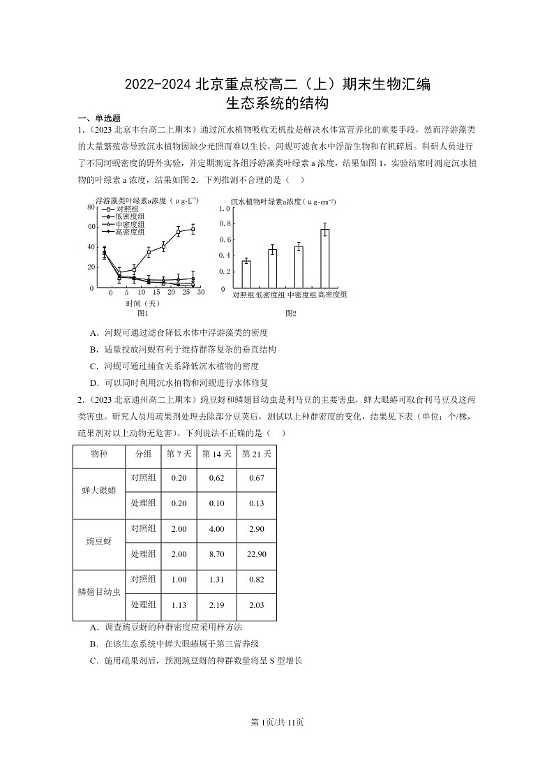 [生物]2022～2024北京重点校高二上学期期末生物真题分类汇编：生态系统的结构第1页