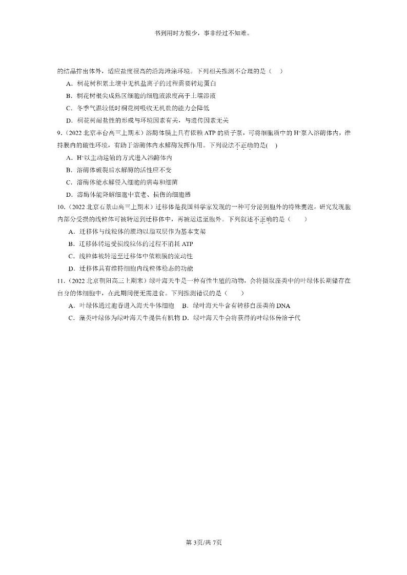 [生物]2022～2024北京重点校高三上学期期末生物真题分类汇编：主动运输与胞吞、胞吐03